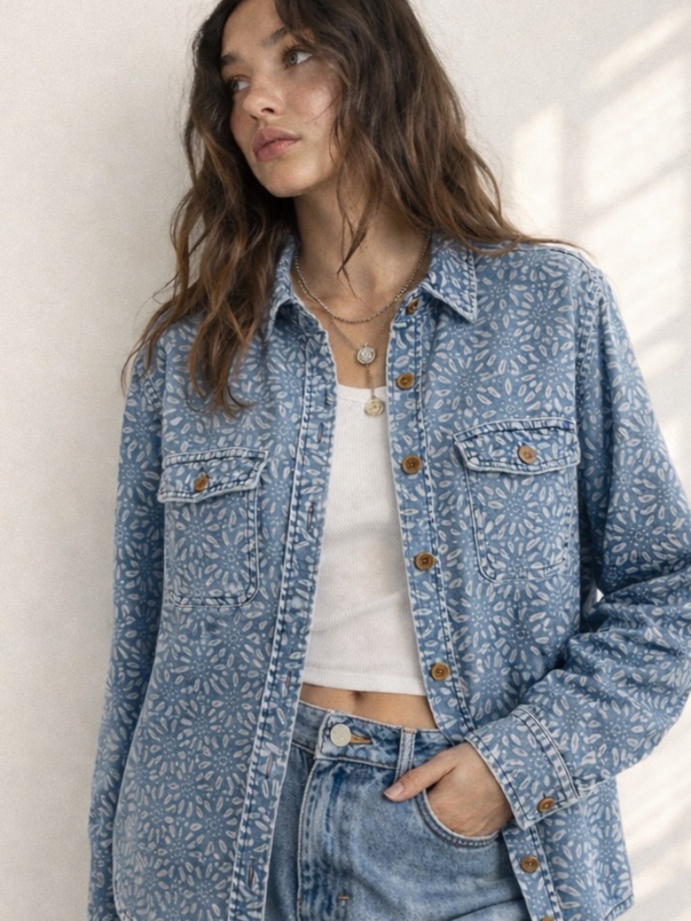 Express Indigo Printed Denim Shirt M Blue Button Up Casual Top